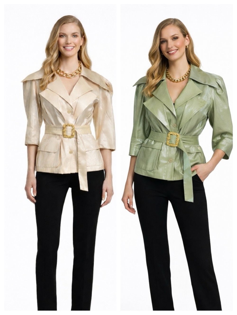 Cream Metallic Sheen Belted Jacket - Picture 3 of 15